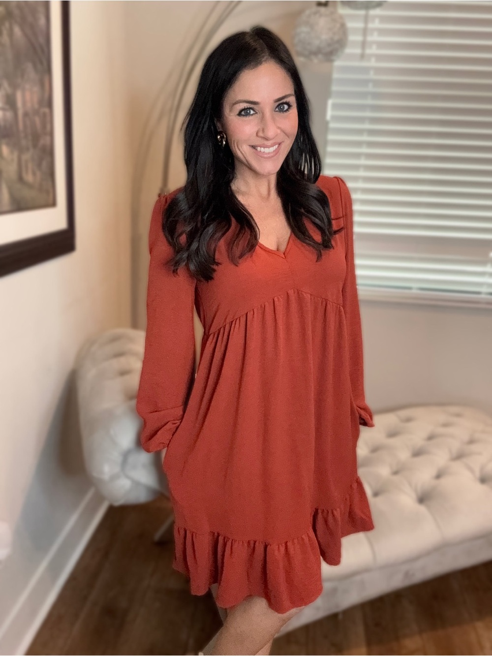 Plus Size XL XXL 3X Rust Red Long-Sleeve Ruffle Hem Dress
